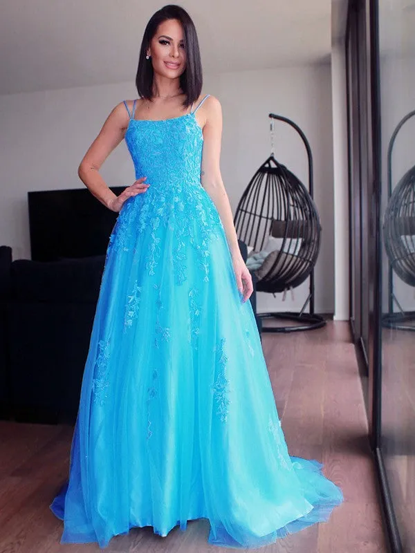 A-Line/Princess Spaghetti Straps Tulle Sleeveless Applique Sweep/Brush Train Dresses