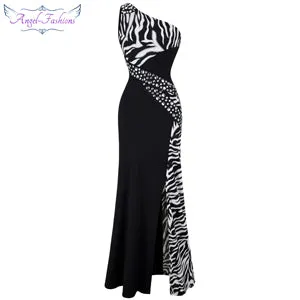 Angel-fashions One Shoulder Zebra Gemstones Stitching Evening Dress Black Ballkleid 072
