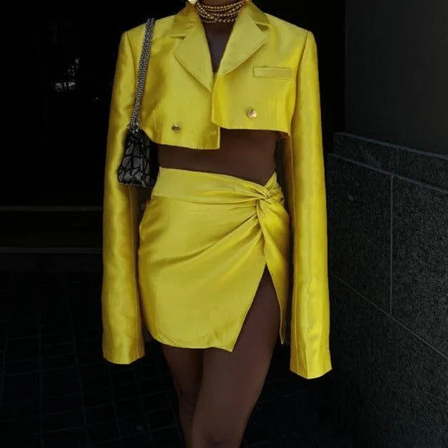 Autumn Winter Women   Collared Long Sleeve Short Blazer Slim High Waist Skirt Set
