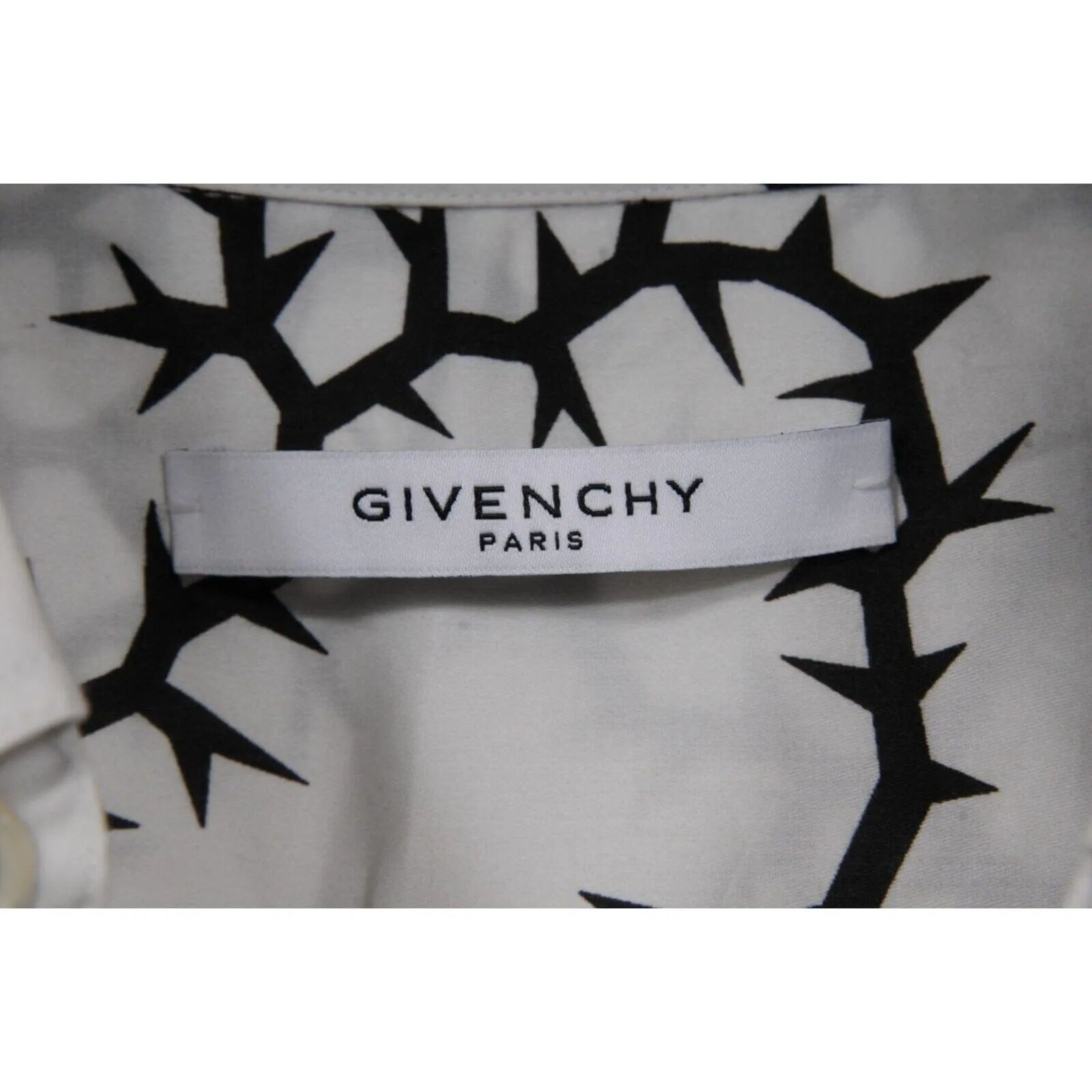 Button Down Shirt White Black Thorn Print Cotton Long Sleeve