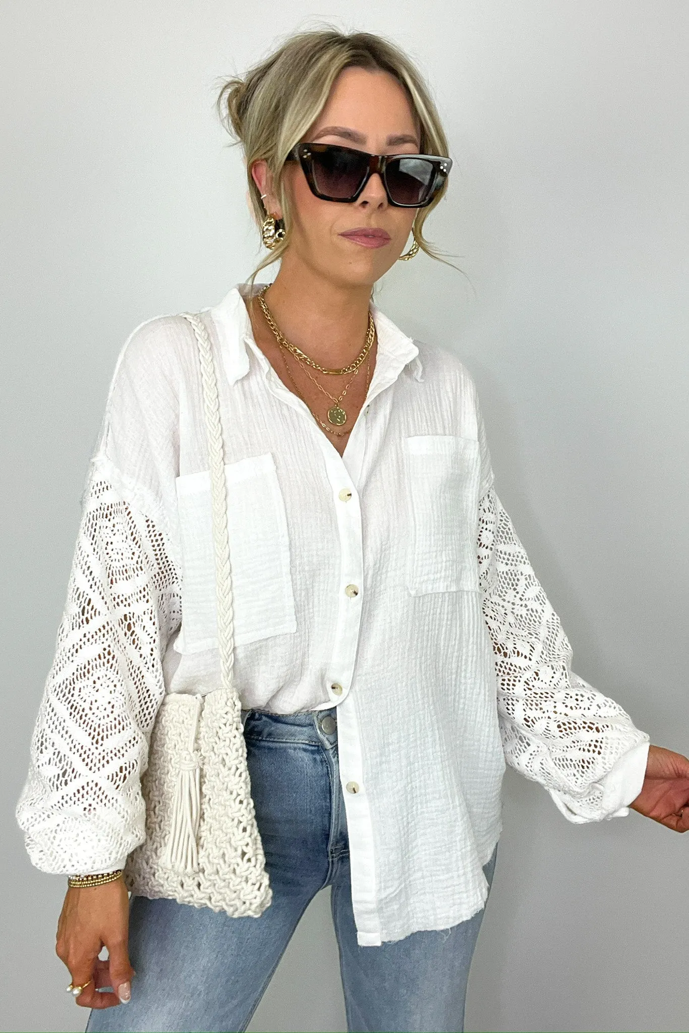 Desiree Crochet Sleeve Button Down Top