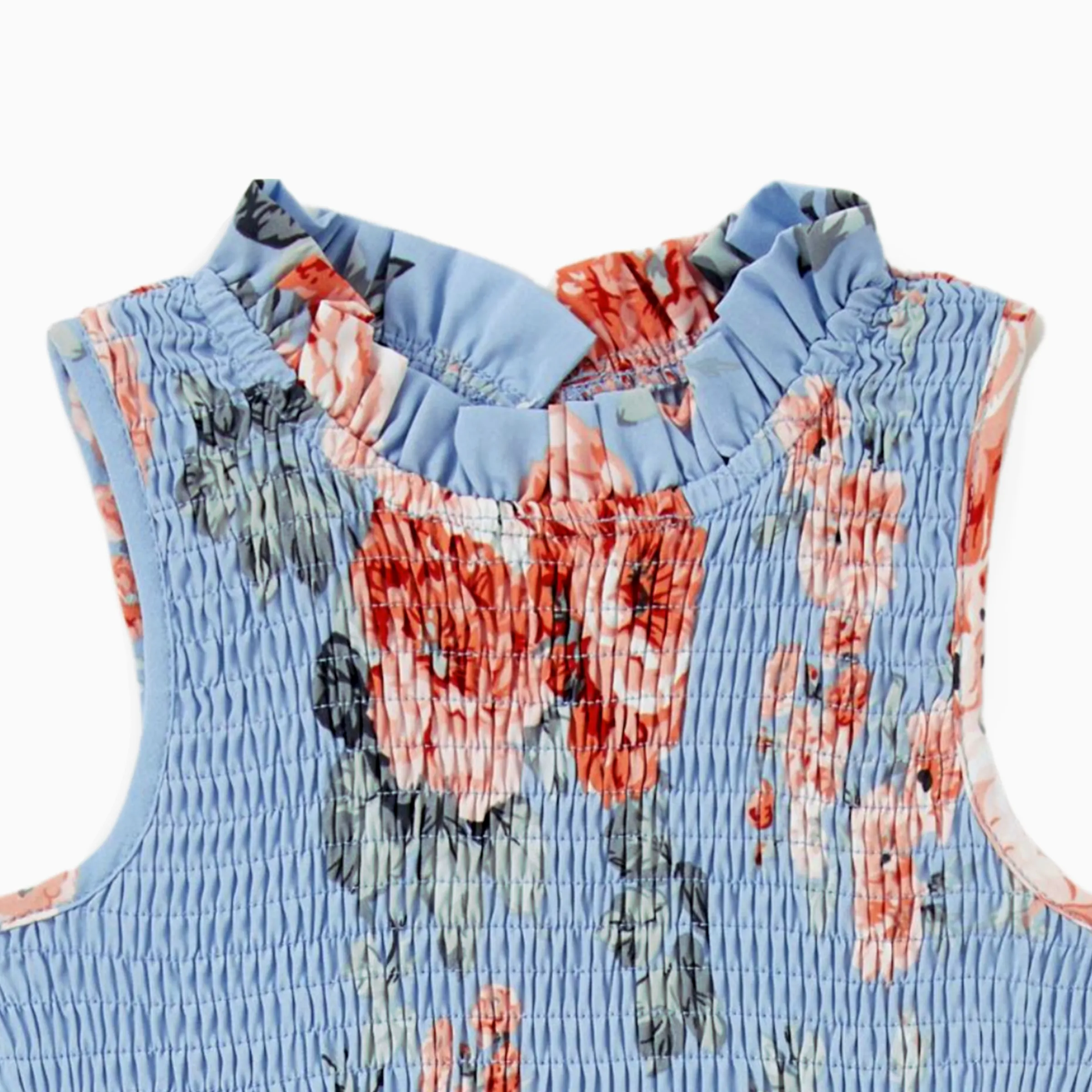 Family Matching Sets Pure Blue Polo Shirt or Flower Floral Shirred Top A-Line Sleeveless Dress