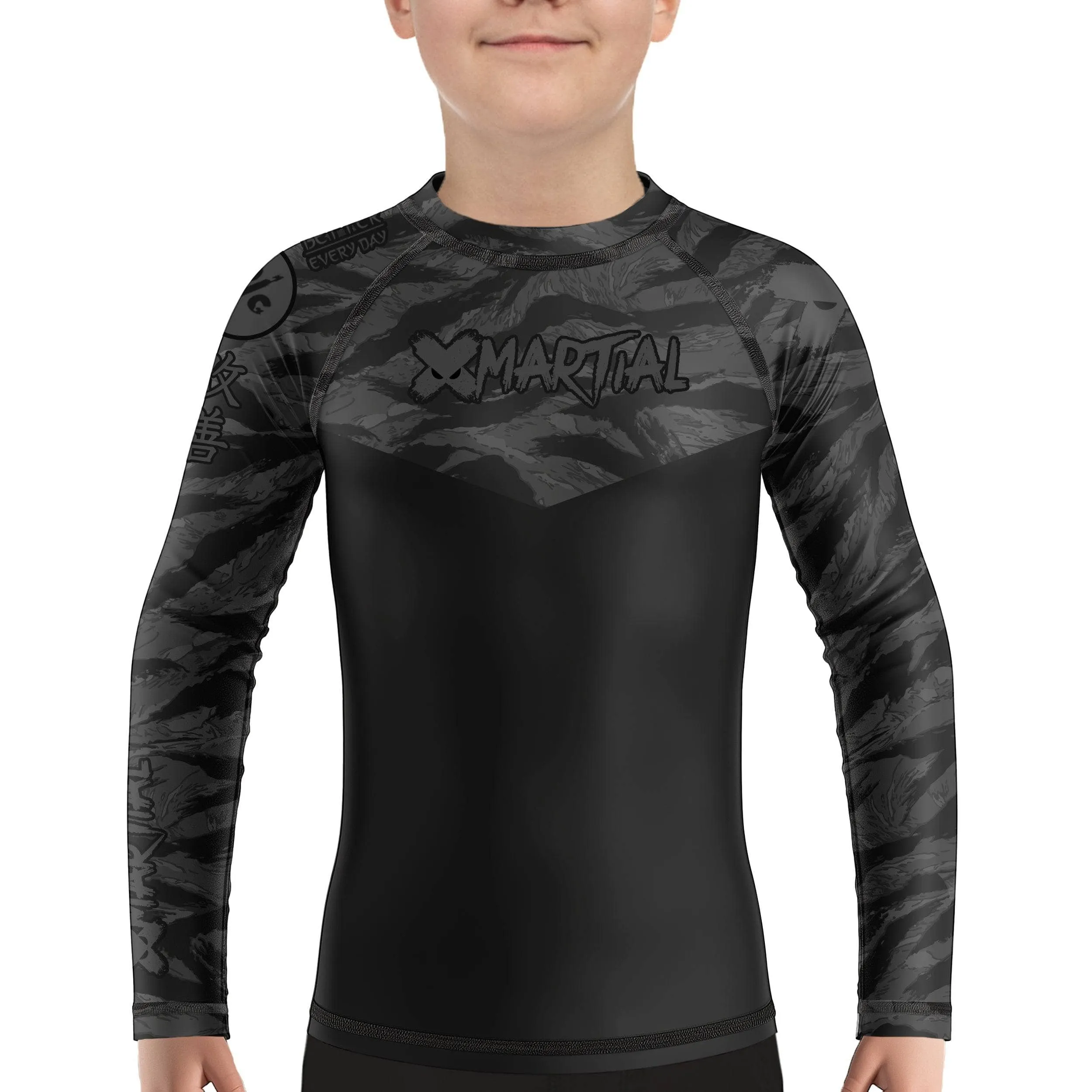 Kids BJJ Rash Guard Black Tiger Camo X-Tech 25 Series