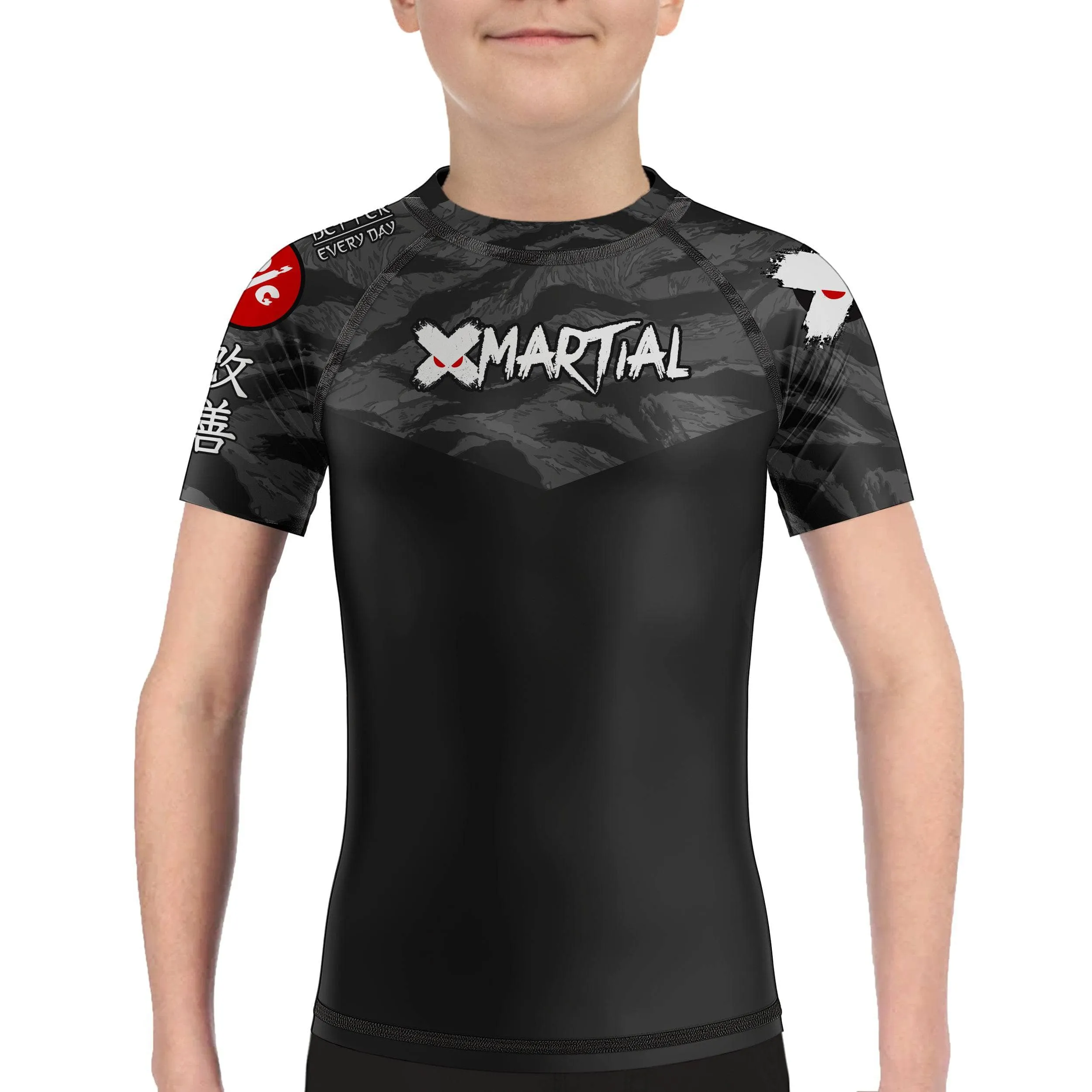 Kids BJJ Rash Guard Black Tiger Camo X-Tech 25 Series