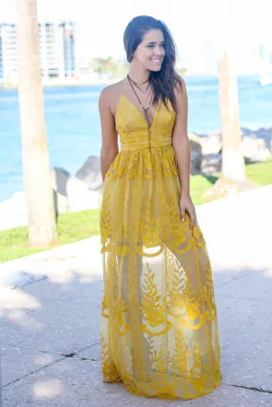 Mustard Embroidered Maxi Dress with Criss Cross Back