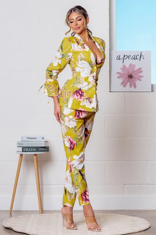 Mustard Multi Floral Print Blazer Jacket and Pants Set