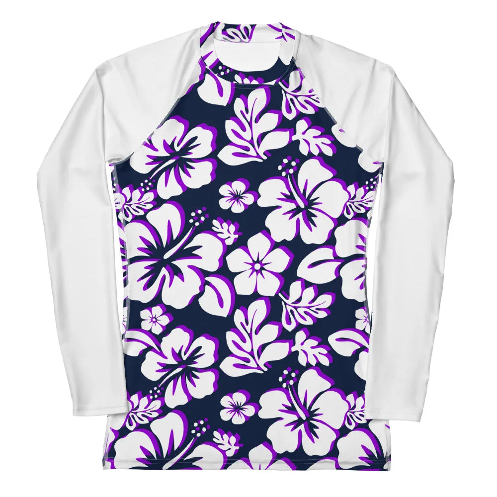 Navy Blue, Purple and White Hawaiian Print Women's Rash Guard with White Sleeves