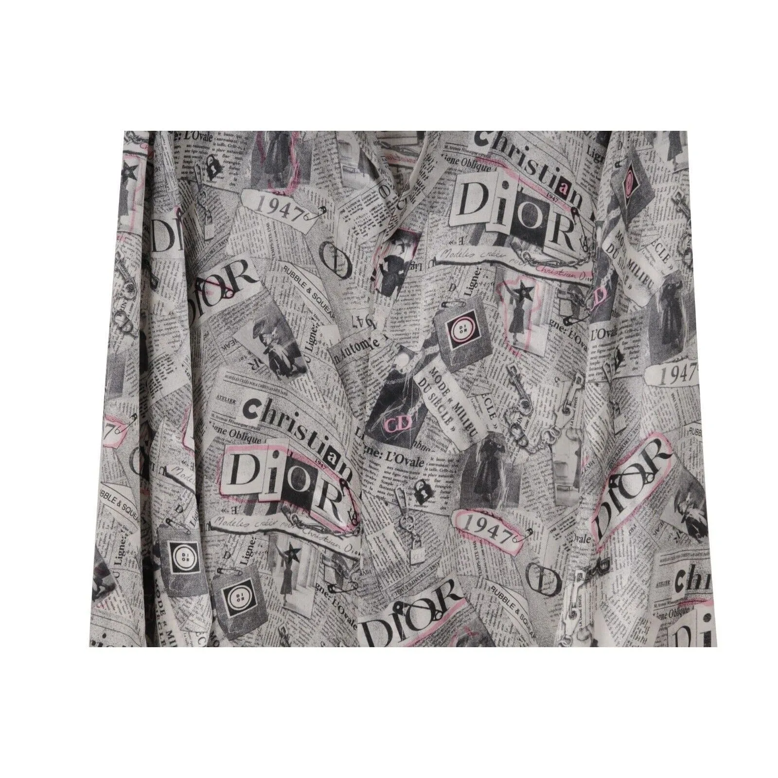 Newspaper Logo Button Down Shirt 100% Silk Grey White