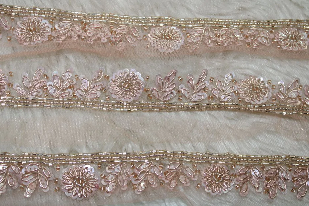 Peach Floral Sequins and Beads Handwork Embroidered Border