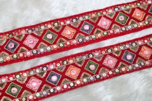 Red Multicolour Thread and Sequins Work Embroidered Border