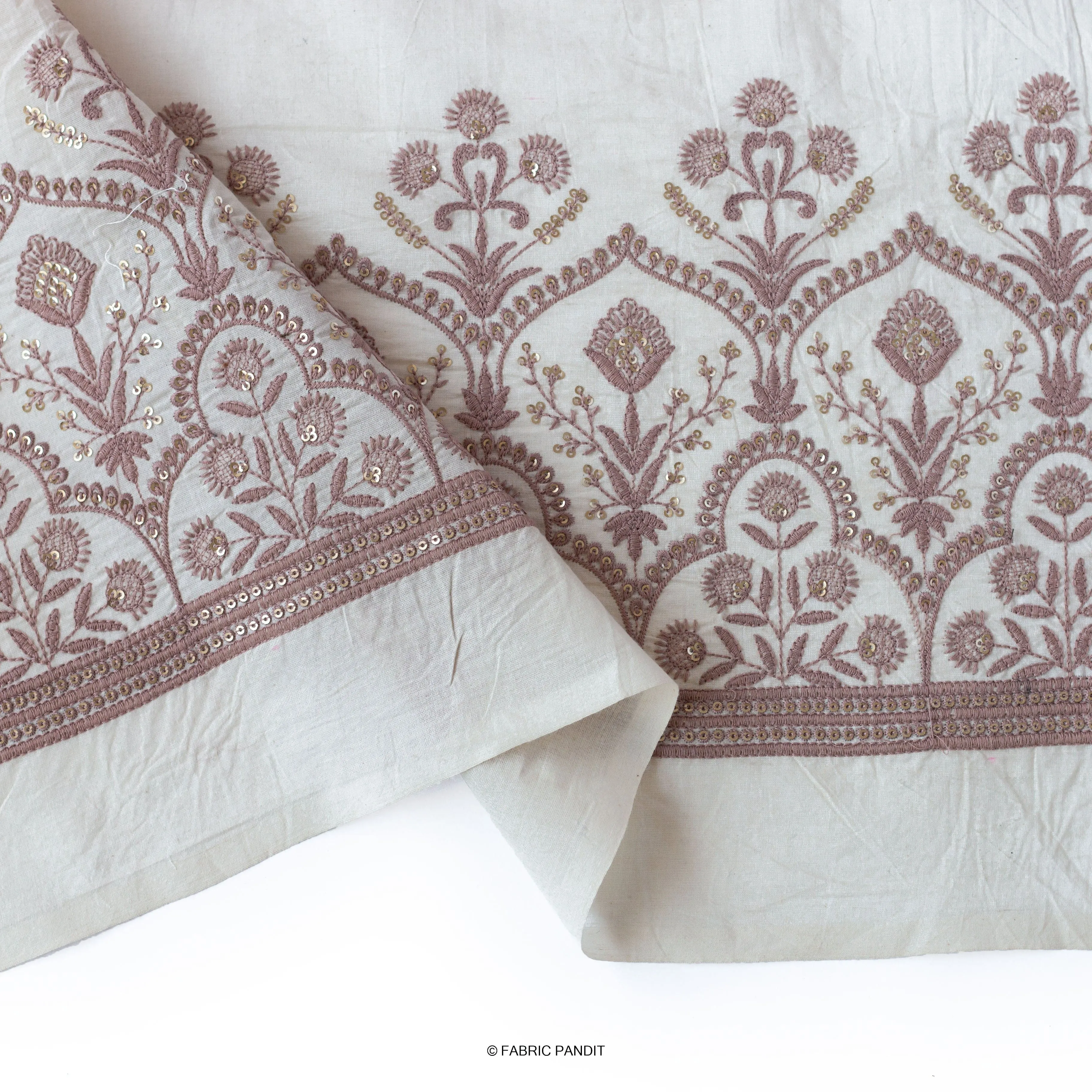 White & Lilac Embroidered Mughal Floral Pure Cotton Fabric (Width 46 inches)