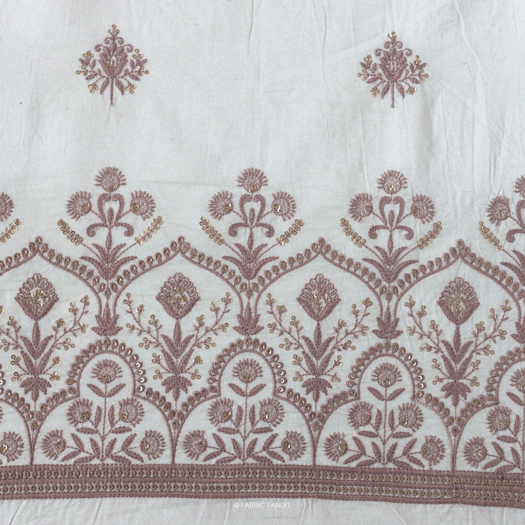 White & Lilac Embroidered Mughal Floral Pure Cotton Fabric (Width 46 inches)