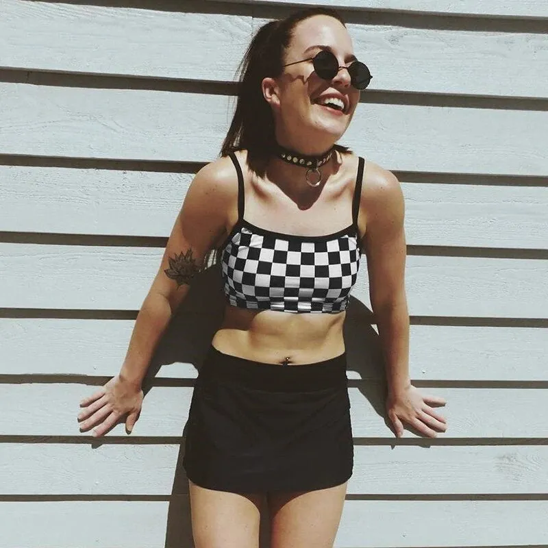 Women's Summer Stretchy Bodycon Slim Crop Top With Checkerboard Pattern